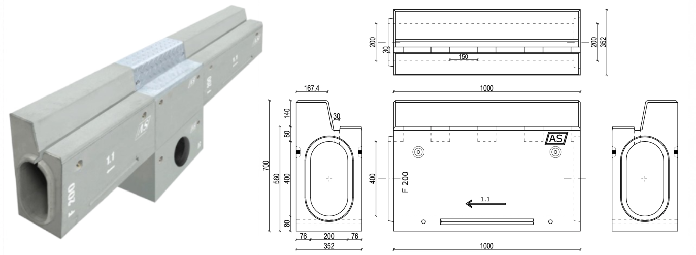 Odwodnienia krawężnikowo - tunelowe AS-S200 K-T z ciągłą szczeliną wlotową